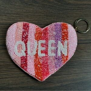 Camel Threads Beaded Heart Coin Purse Keychain “Queen” Pink Kawaii